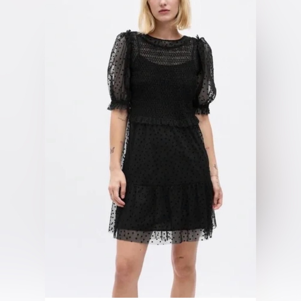 NWT GAP Black Puff Sleeve Mesh Mini Dress Size M